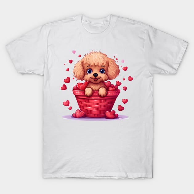 Cartoon Poodle Dog in Hearts Basket T-Shirt by Chromatic Fusion Studio